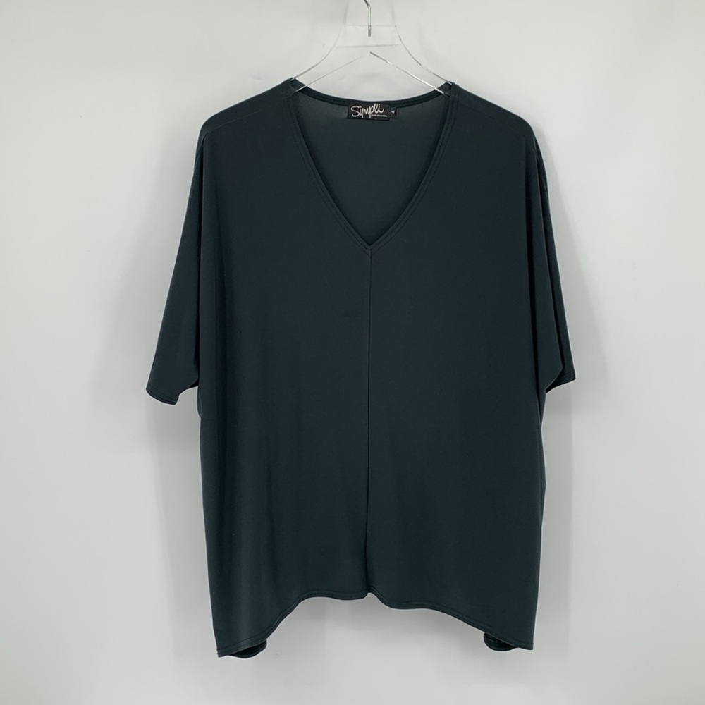 Sympli Revel jersey knit boxy v-neck top blouse shirt green stretch big 4 Small